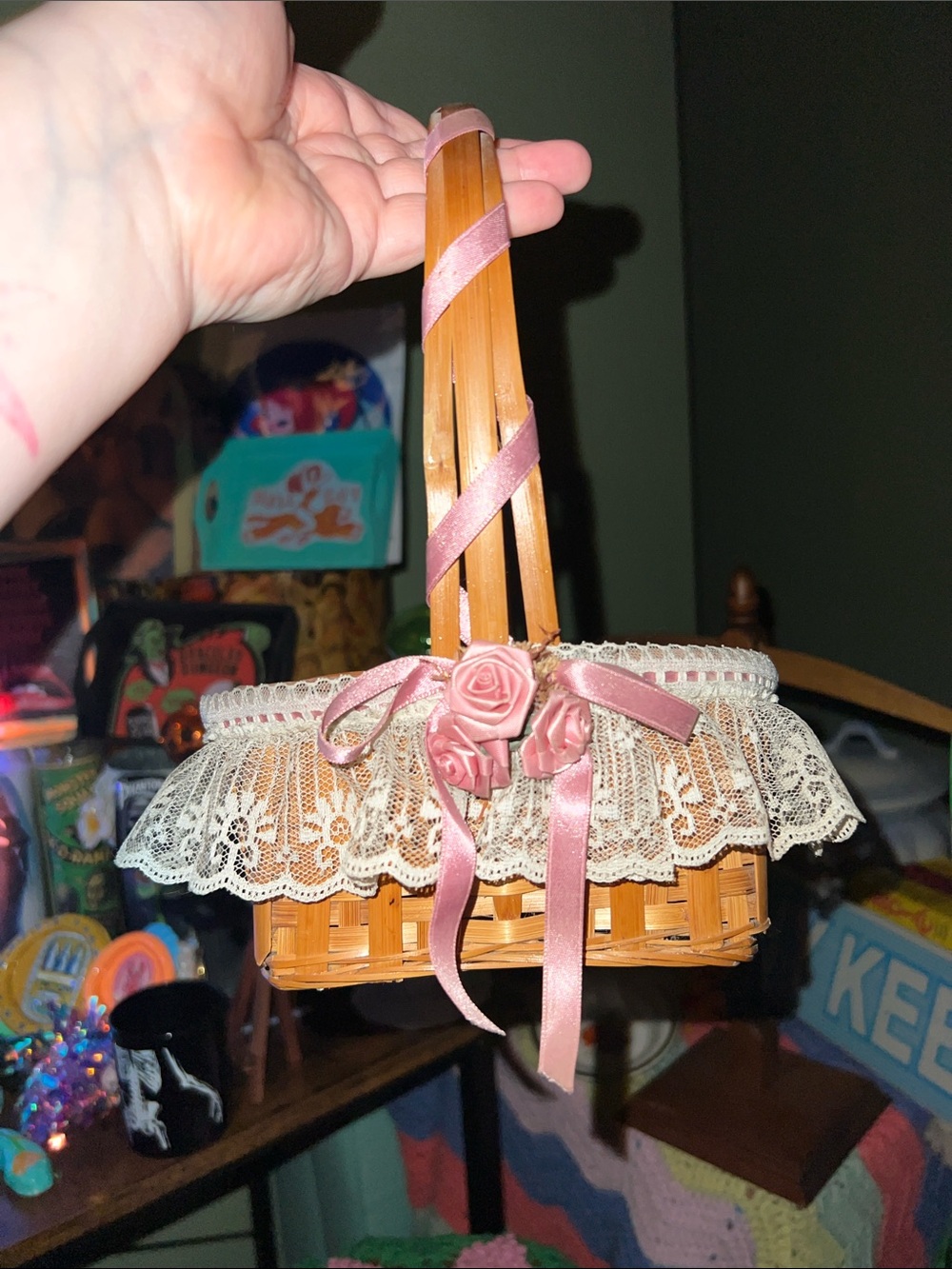 Vintage Lace Trim Woven Basket with Pink Ribbon - Picture 2 of 6